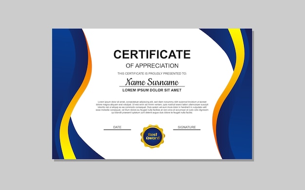 modelo de certificado en estilo abstracto azul y naranja para la apreciación de la educación empresarial