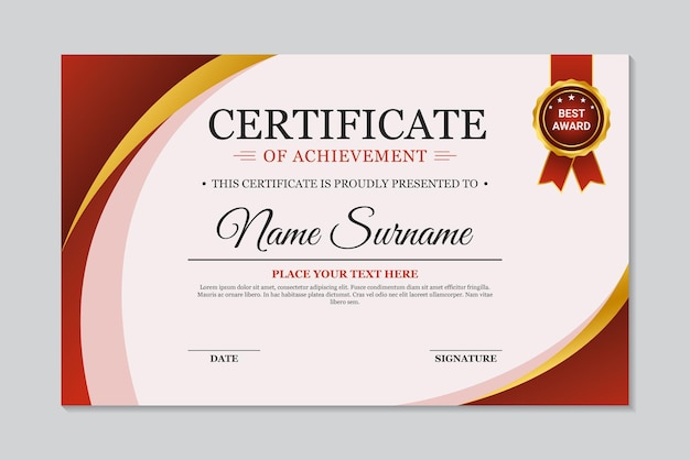 Modelo de certificado de logro diseño curvo moderno rojo y dorado sobre fondo blanco