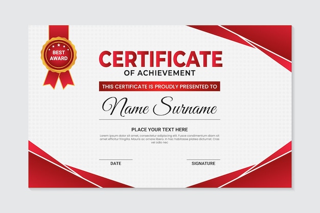 Modelo de certificado de logro de diseño geométrico moderno rojo sobre fondo blanco
