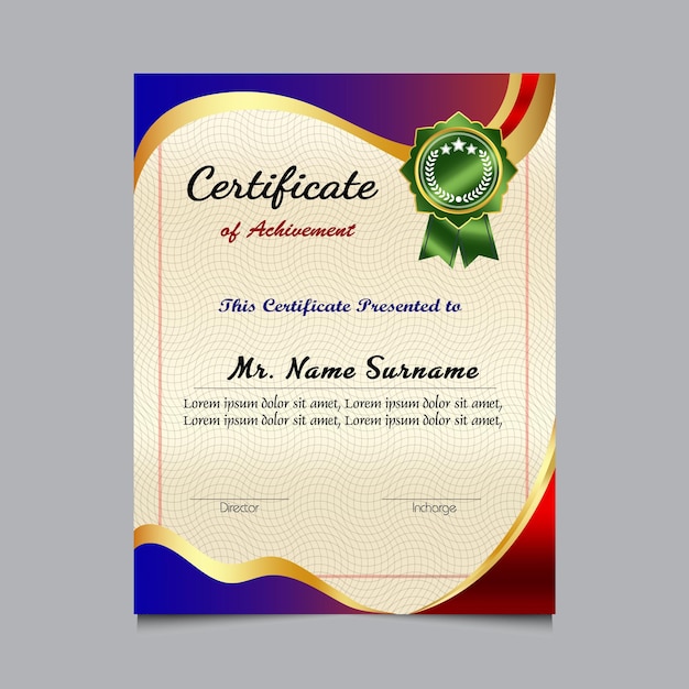 Modelo de certificado de logro con insignia de oro y borde de aprecio y logro