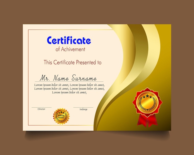 Modelo de certificado de logro con insignia de oro y borde Aprecio y logro