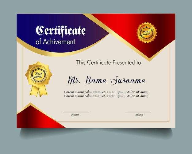 Modelo de certificado de logro con insignia de oro y borde Aprecio y logro