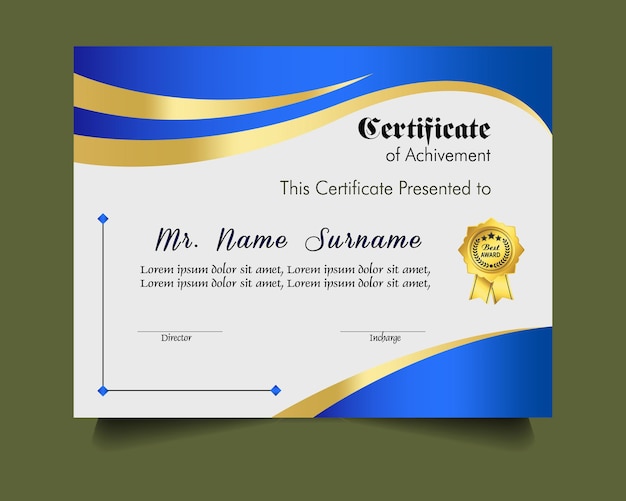 Modelo de certificado de logro con insignia de oro y borde Aprecio y logro