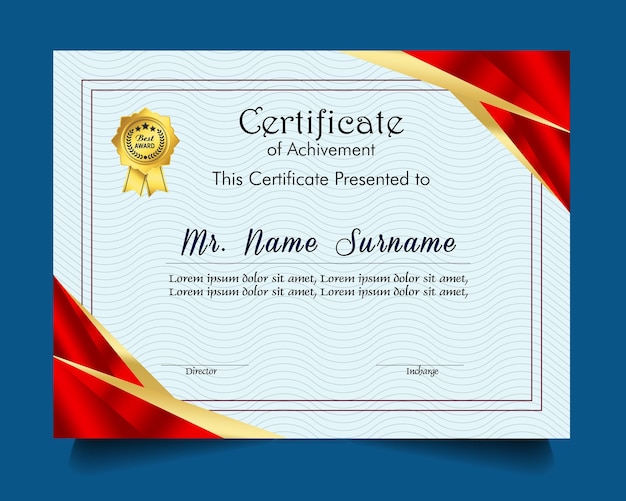 Modelo de certificado de logro con insignia de oro y borde Aprecio y logro