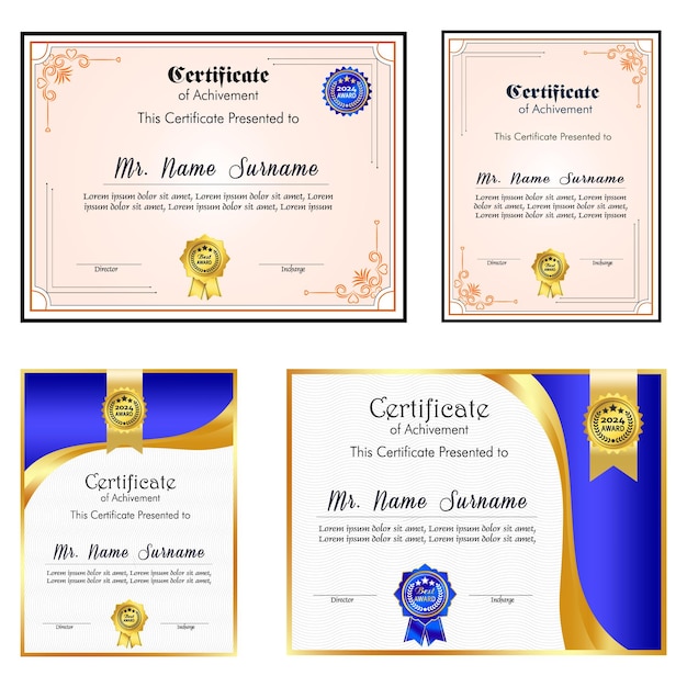 Modelo de certificado de logro con insignia de oro y borde Aprecio y logro