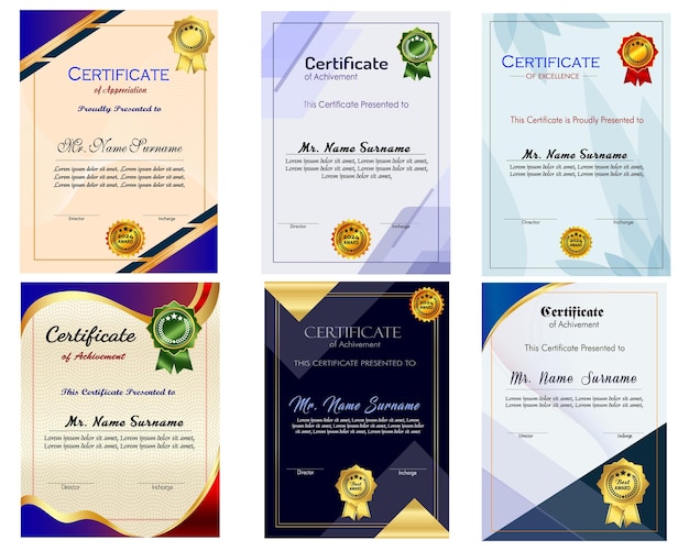 Modelo de certificado de logro con insignia de oro y borde Aprecio y logro