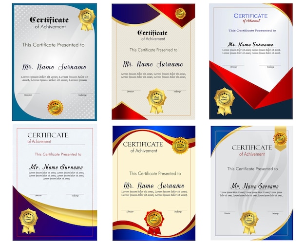 Modelo de certificado de logro con insignia de oro y borde Aprecio y logro