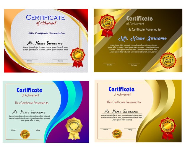 Modelo de certificado de logro con insignia de oro y borde Aprecio y logro