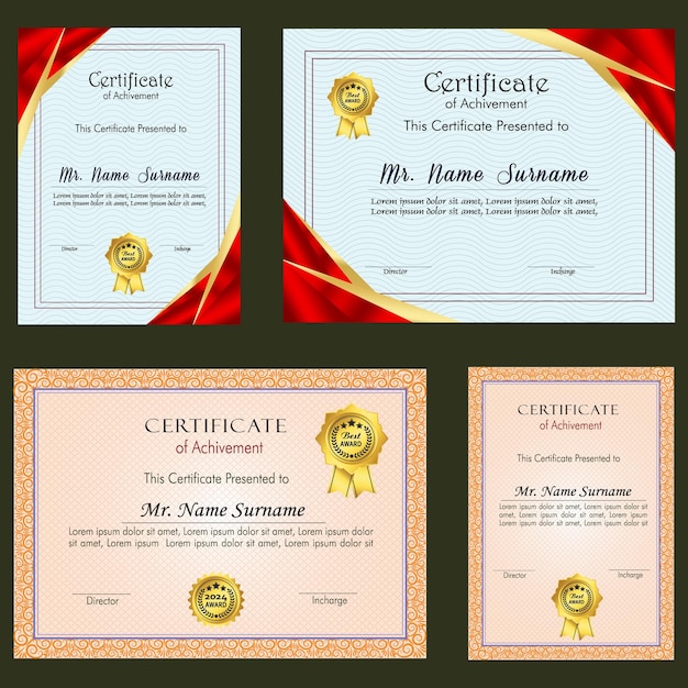 Modelo de certificado de logro con insignia de oro y borde Aprecio y logro