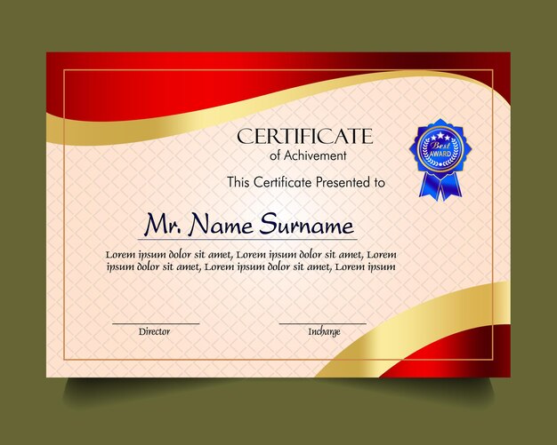 Modelo de certificado de logro con insignia de oro y borde Aprecio y logro