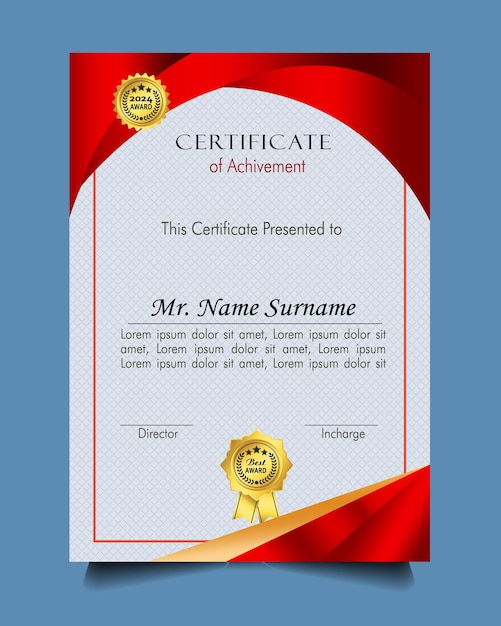 Modelo de certificado de logro con insignia de oro y borde Aprecio y logro