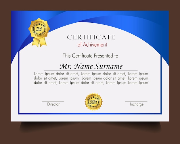 Modelo de certificado de logro con insignia de oro y borde Aprecio y logro