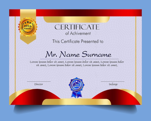 Modelo de certificado de logro con insignia de oro y borde Aprecio y logro