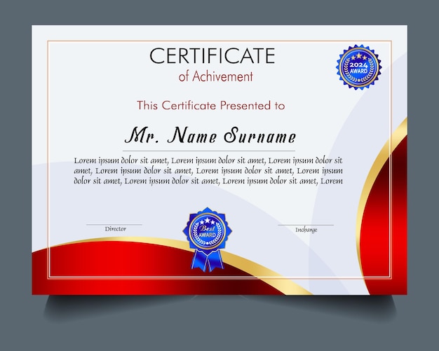 Modelo de certificado de logro con insignia de oro y borde Aprecio y logro