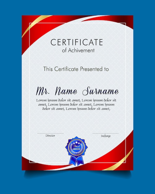 Modelo de certificado de logro con insignia de oro y borde Aprecio y logro