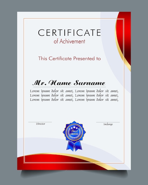Modelo de certificado de logro con insignia de oro y borde Aprecio y logro