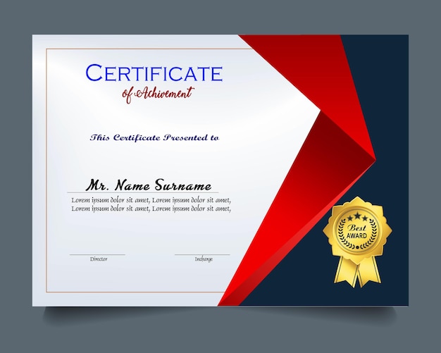 Modelo de certificado de logro con insignia de oro y borde Aprecio y logro