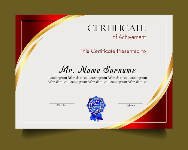 Modelo de certificado de logro con insignia de oro y borde Aprecio y logro