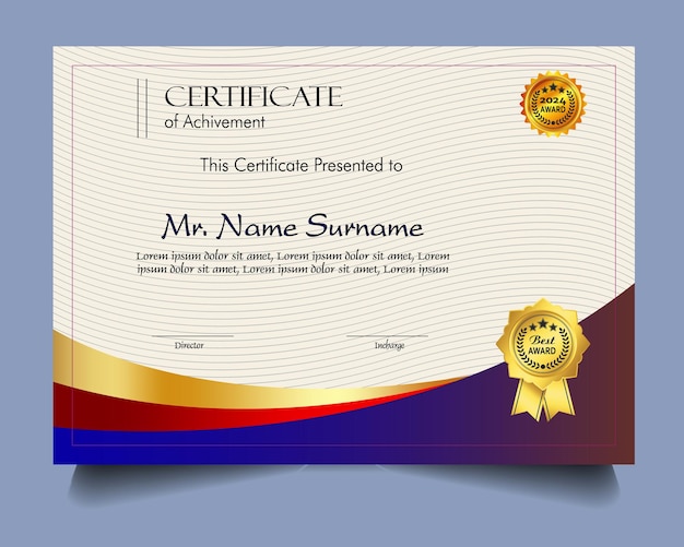 Modelo de certificado de logro con insignia de oro y borde Aprecio y logro