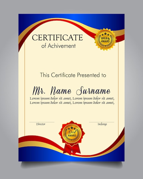 Modelo de certificado de logro con insignia de oro y borde Aprecio y logro