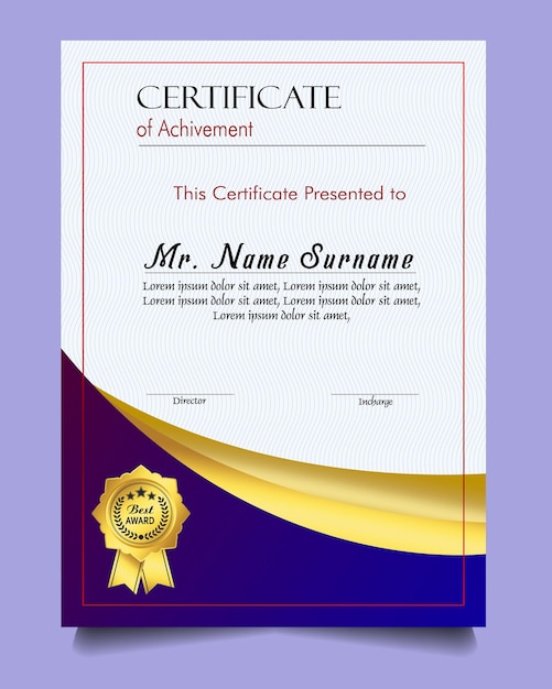 Modelo de certificado de logro con insignia de oro y borde Aprecio y logro