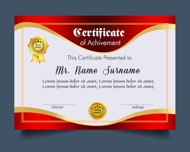 Modelo de certificado de logro con insignia de oro y borde Aprecio y logro