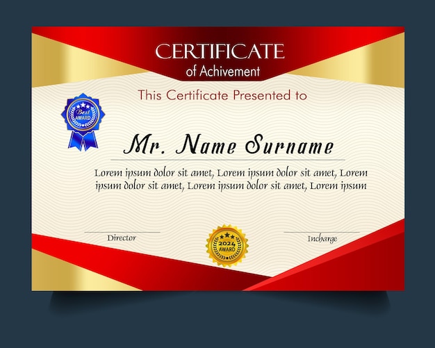 Modelo de certificado de logro con insignia de oro y borde Aprecio y logro