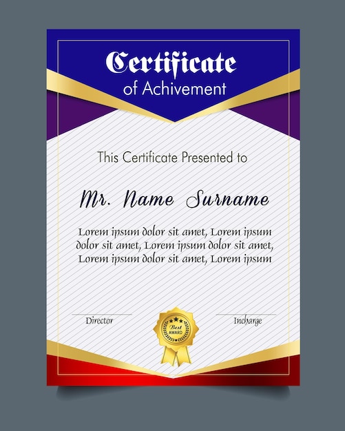 Modelo de certificado de logro con insignia de oro y borde Aprecio y logro