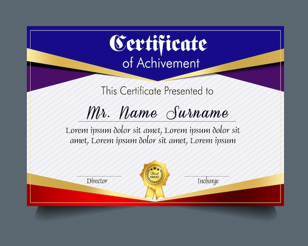 Modelo de certificado de logro con insignia de oro y borde Aprecio y logro