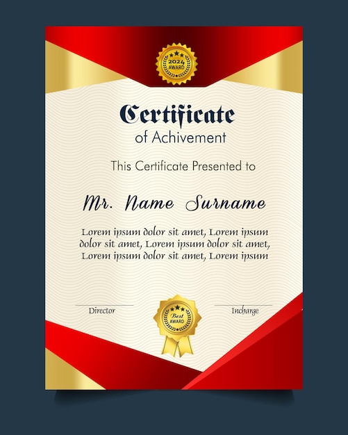 Modelo de certificado de logro con insignia de oro y borde Aprecio y logro