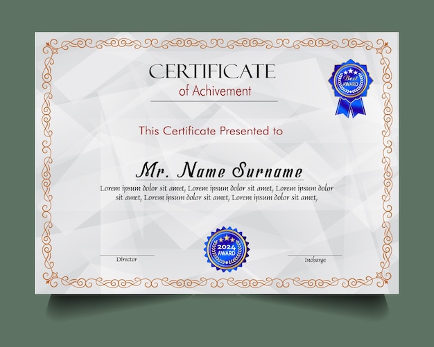 Modelo de certificado de logro con insignia de oro y borde Aprecio y logro