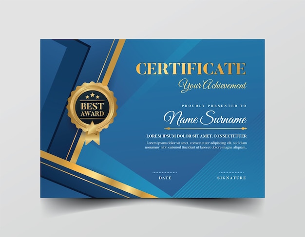 Modelo de certificado de logro de lujo azul y dorado