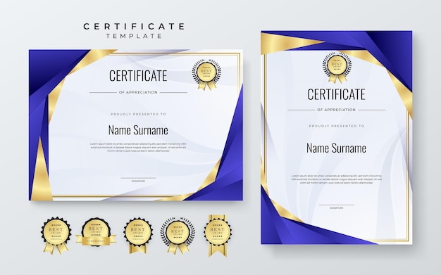 Modelo de certificado moderno azul y dorado para logros corporativos Premio de diploma Graduación Completación Apreciación Reconocimiento Reconocimiento etc.