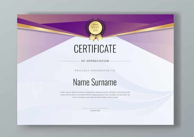 Modelo de certificado moderno de color púrpura violeta y dorado para logros corporativos premio de diploma graduación finalización apreciación reconocimiento de reconocimiento etc.