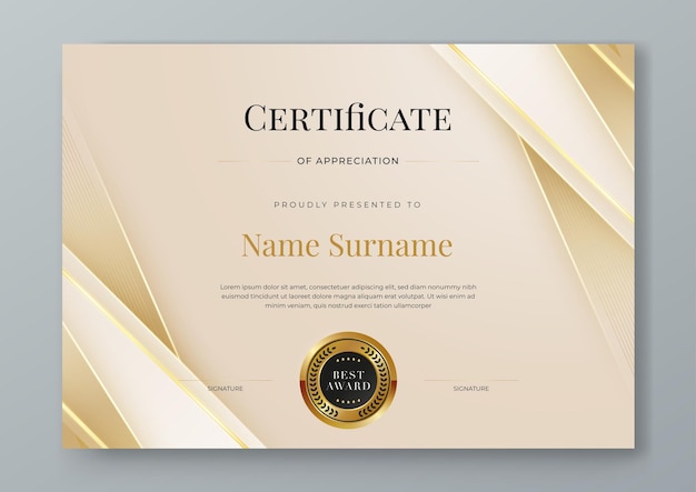 Modelo de certificado moderno de oro beige y blanco con formas para logros corporativos premio de diploma graduación finalización aprecio reconocimiento reconocimiento etc.