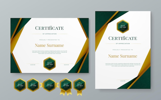 Modelo de certificado moderno de oro verde y blanco con formas para logros corporativos premio de diploma graduación finalización agradecimiento reconocimiento de reconocimiento etc.