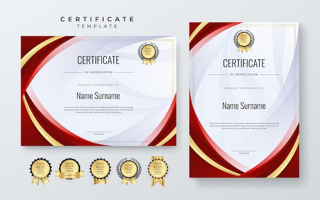 Modelo de certificado moderno de rojo y oro para logros corporativos Premio de diploma Graduación Completación Apreciación Reconocimiento Reconocimiento etc.