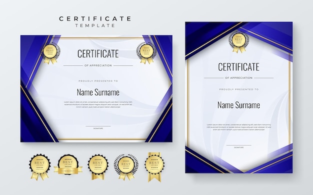 Modelo de certificado moderno de vector plano y gradiente azul y dorado para empresas o premios