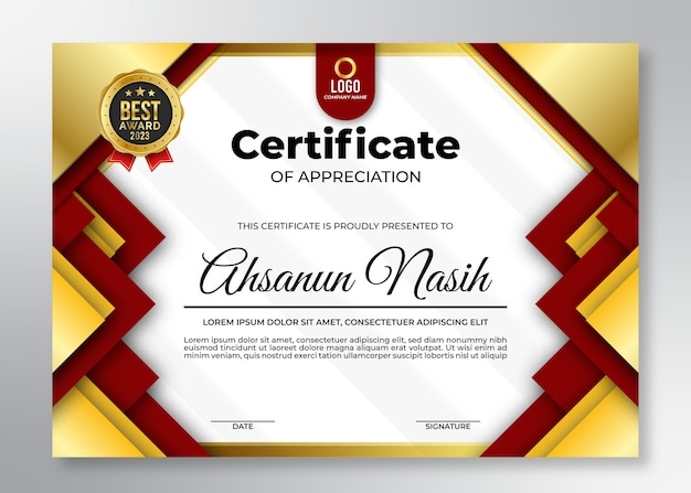 Modelo de certificado de oro rojo moderno con gradiente de diseño plano 21