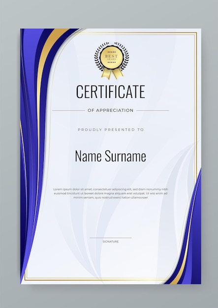Modelo de certificado de premio vectorial azul y dorado resumen moderno de fantasía para empresas