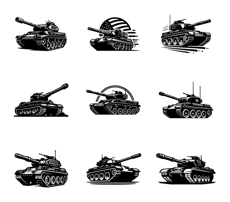 Modelo de colección de diseños de logotipos de tanques militares vectoriales Silueta negra de un conjunto de tanques militar