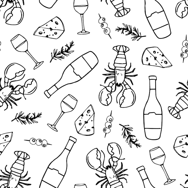 Modelo de comida sin costuras con botellas de vino de langosta, queso, aceitunas para la decoración