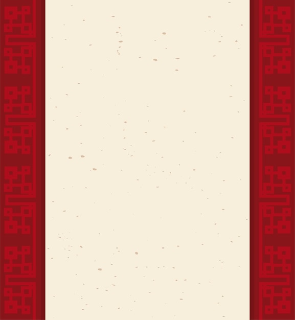 Vector modelo como un pergamino con textura antigua sobre fondo rojo con patrón oriental en los bordes