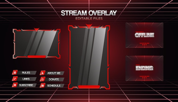 Modelo de conjunto de flujo de superposición roja vectorial moderno para streamer de juegos