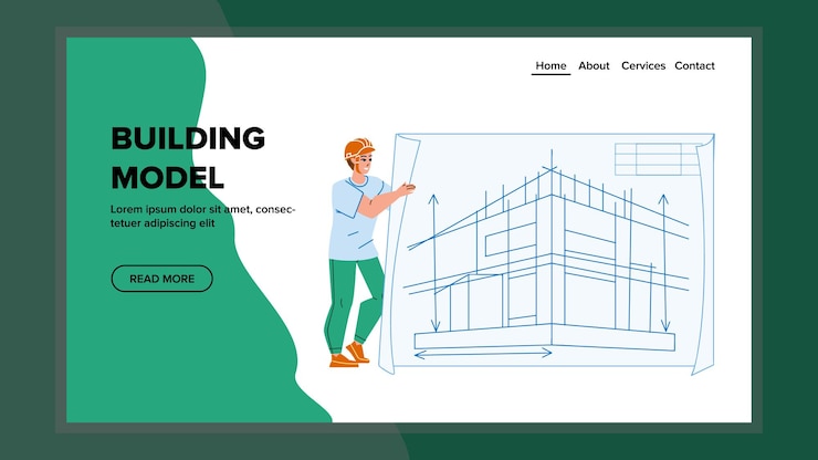 Vector modelo de construcción ingeniero en desarrollo hombre vector joven arquitecto desarrollar y presentar modelo de construcción plano carácter creación de la casa e ingeniería ilustración de dibujos animados planos web