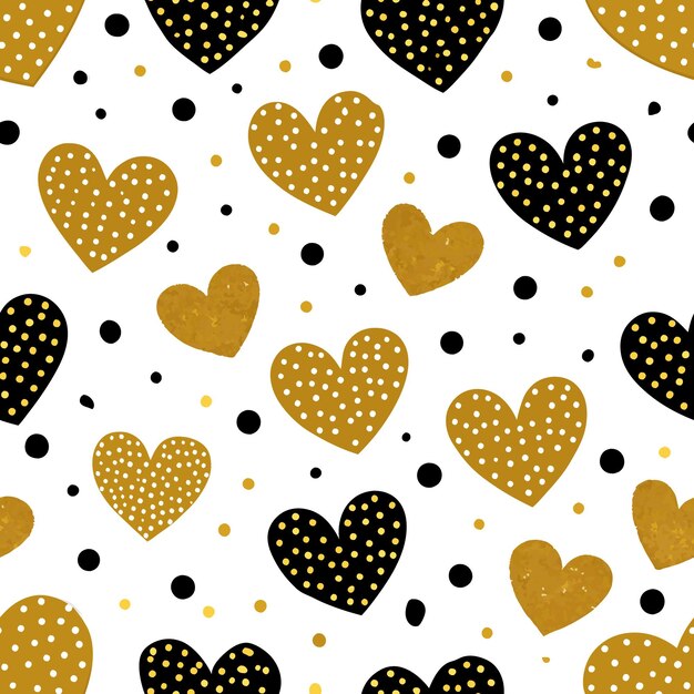 Modelo de corazones brillantes dorados y negros sobre fondo blanco para diseños festivos y románticos de lujo