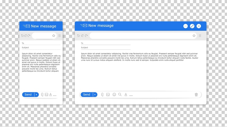 Vector modelo de correo electrónico ventana de interfaz de usuario de correo en línea para caja de mensajes interfaz de pantalla de computadora o móvil página de dirección en blanco servicio web marco de diseño vacío plantilla de diseño de correo de internet vectorial