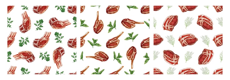Vector modelo de cortes de carne dibujados a mano sin costuras con hierbas y especias