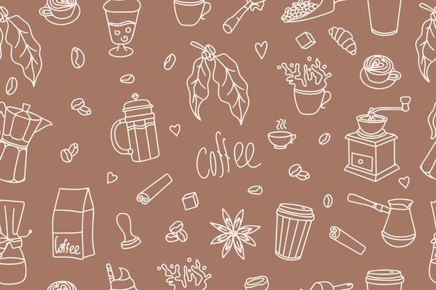 Modelo sin costuras de café dibujado a mano para embalaje impresión textil Diseño de fondo moderno con té y café Fondo Mocha Mousse