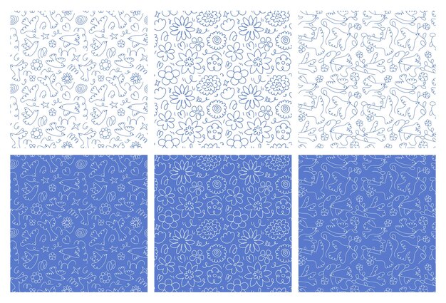 Modelo sin costuras Doodle pájaros y flores Ornamento de primavera y verano Doodles de pluma